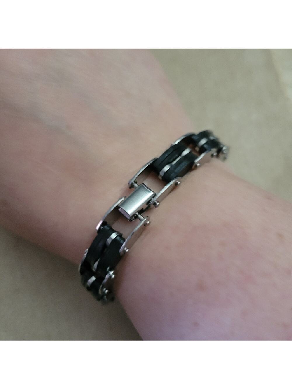 Men's black & silver bike chain bracelet, stainless steel